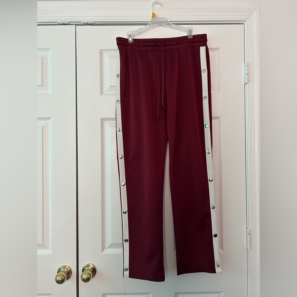 Love, Fire Burgundy Pants with White Stripes and buttons on the side